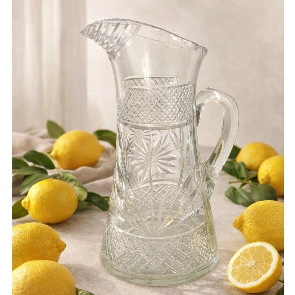Vintage Heavy‎ Cut Glass Water Pitcher Starburst & Crosshatch Pattern 10" Tall